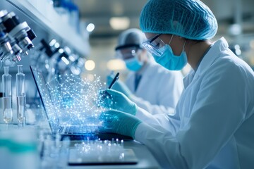 A lab technician in protective gear works on a digital interface surrounded by scientific apparatus, representing precision, accuracy, and modern technological advances.