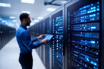 A person in a blue shirt using a tablet to inspect server operations in a data center filled with glowing blue lights, representing technology and data management.