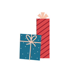 pile of Christmas gift boxes in festive wrapping paper with ribbon and bows. Stack of different presents for Christmas holiday. Flat svg vector illustration isolated on transparent background