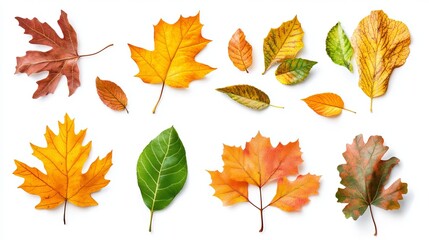 Collection of various autumn leaves isolated and arranged on a white background top view