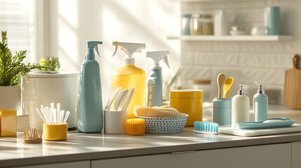 Cleaning Products on Kitchen Table: Assorted cleaning products and accessories displayed on a kitchen table.   