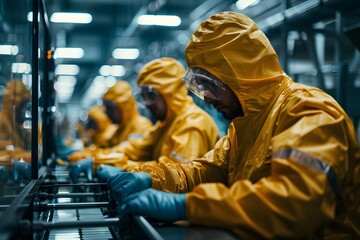 Workers in Protective Gear Operating a Production Line in a Modern Facility