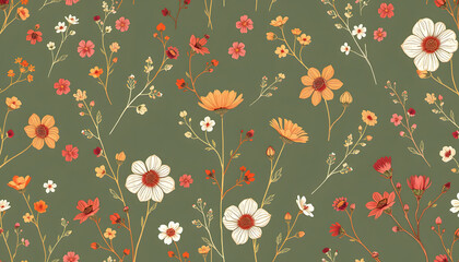 Fototapeta premium Seamless floral pattern, abstract ditsy print of wild plants in a set. Botanical design in autumn, winter colors: small hand drawn flowers, branches, leaves, different background. Vector illustratio
