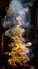 yellow flames and swirling smoke in dark environment, artistic concept