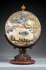 An antique globe with detailed illustrations of continents