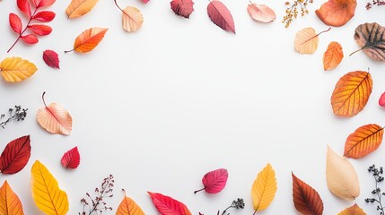 Colorful frame of autumn leaves isolated on a white background