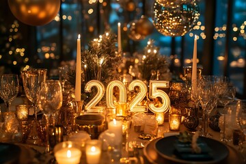 New Yeara??s celebration with a lavish table featuring "2025" in the center, surrounded by candles and holiday decor.