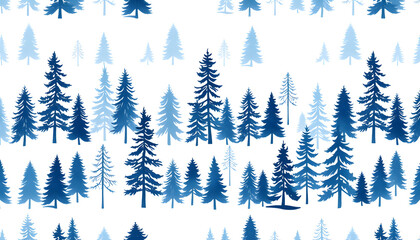 Obraz premium Seamless watercolor linear pattern, border. Blue spruce, pine, cedar, larch, abstract forest, silhouette of trees. On white isolated background, 8k