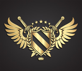Obraz premium heraldry gold logo design royal shield symbol with wings swords stars crown and laurel wreath 