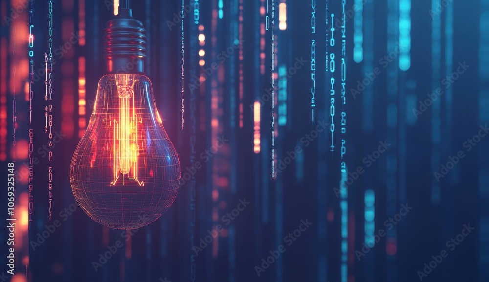 Poster abstract digital background with a light bulb and binary code, a technology concept, an ai or machin