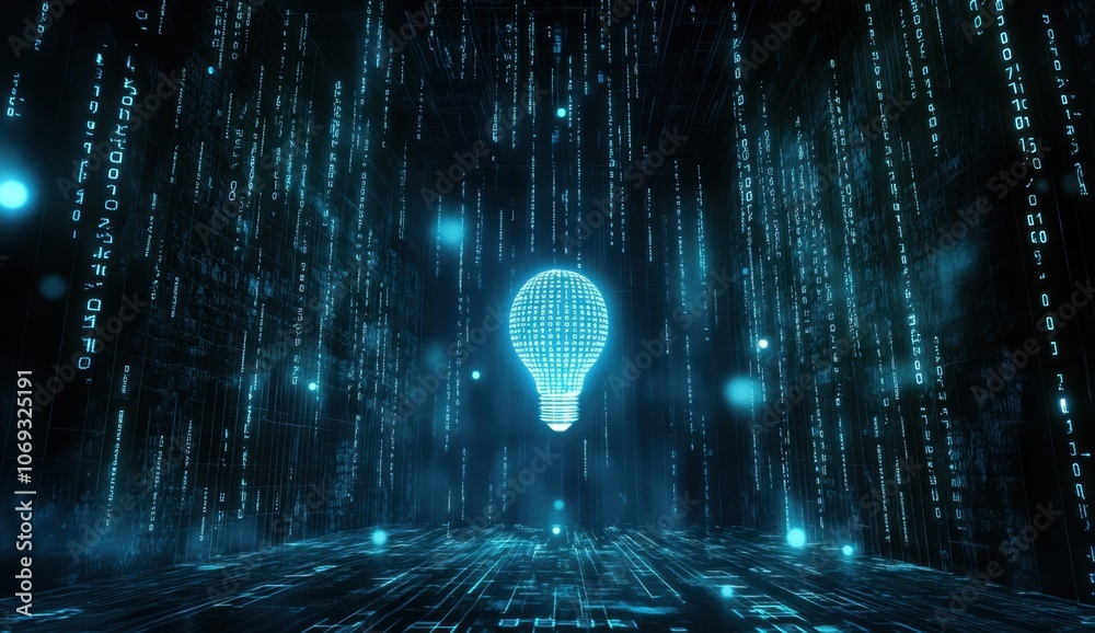 Poster abstract digital background with a light bulb and binary code, a technology concept, an ai or machin