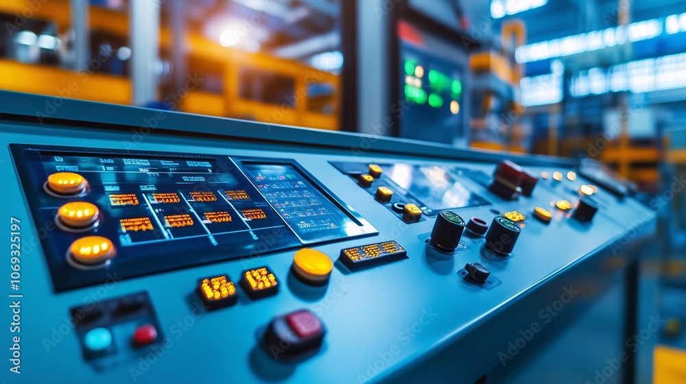 Poster control panel of industrial machinery with illuminated buttons in a factory setting during daytime o