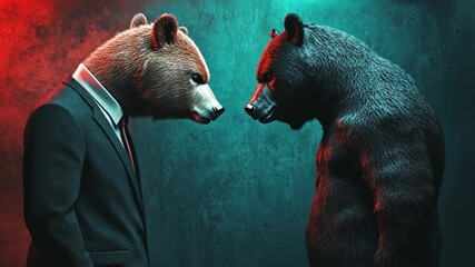 Two bears, one in a suit and one in its natural form, face off against a teal background