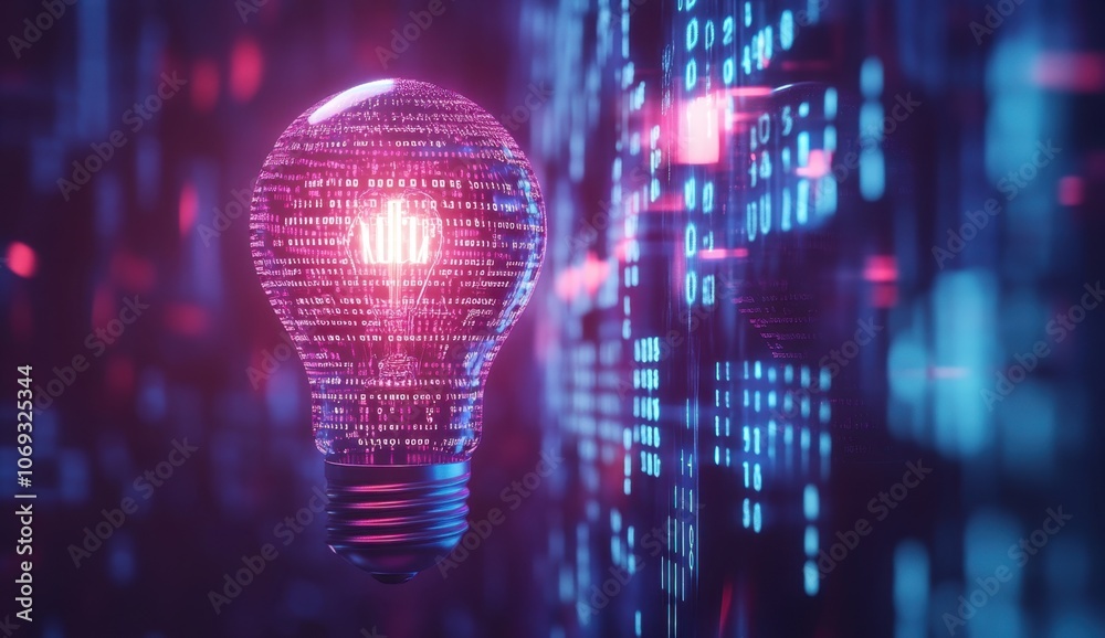 Poster abstract digital background with a glowing light bulb and binary code, an ai concept on a blue holog