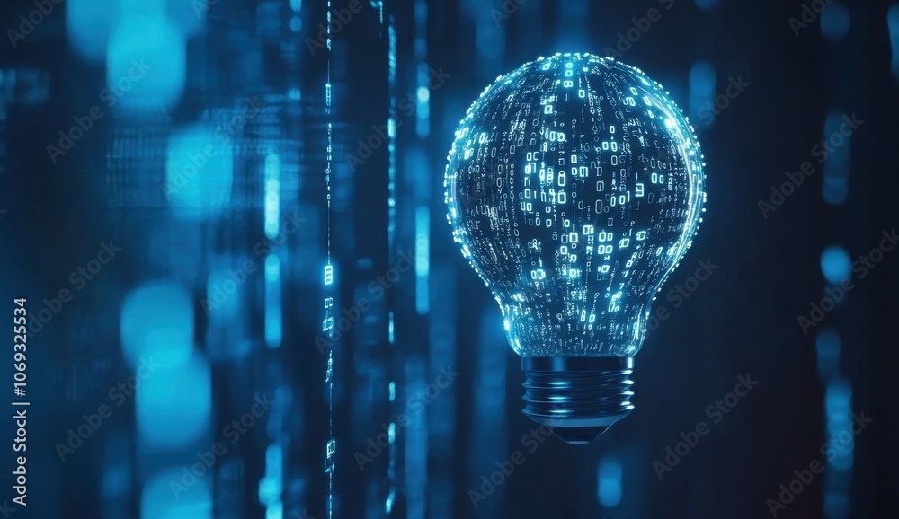 Aufkleber abstract digital background with a light bulb and binary code, a technology concept for web design o