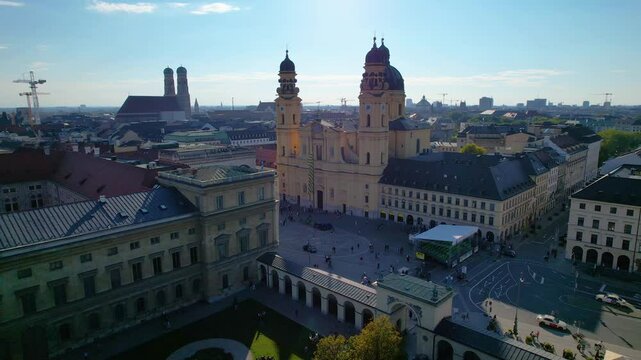 Beautiful aerial footage of the Theatine Church, the Odeonsplatz and the Feldherrnhalle in Munich Germany