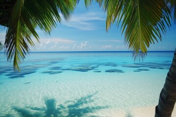 Palm trees framing idyllic tropical white sand beach and turquoise ocean