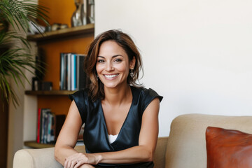 Obraz premium Portrait of a cheerful businesswoman sitting on a comfortable sofa in a modern office, enjoying a relaxing break time