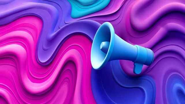 A blue megaphone rests on a vibrant, swirly background of pink, purple, and blue