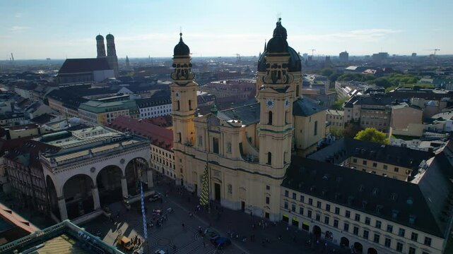 Beautiful aerial footage of the Theatine Church, the Odeonsplatz and the Feldherrnhalle in Munich Germany