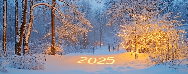 Serene winter scene with "2025" carved into the snow and trees adorned with sparkling lights nearby.