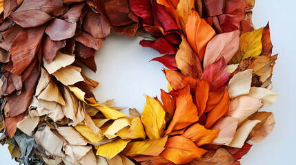 A cozy autumn wreath made with dried corn husks and colorful leaves.