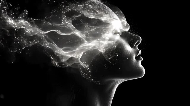 A woman in profile with flowing light patterns representing thoughts and creativity at night
