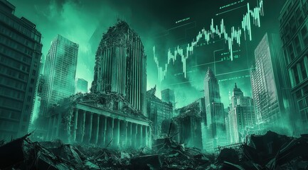 A post-apocalyptic cityscape with ruins and digital graphs in a green hue.