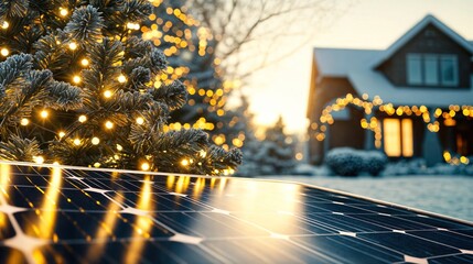 Glowing Christmas lights reflecting on solar panels near a snow-covered house in a festive winter setting
