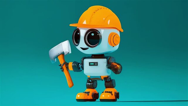  A cheerful little robot builder stands confidently with a hammer, ready to tackle construction tasks in a vibrant turquoise background during a bright, playful setting video