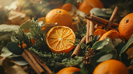 A cozy autumn wreath with dried oranges, cinnamon sticks, and green foliage.