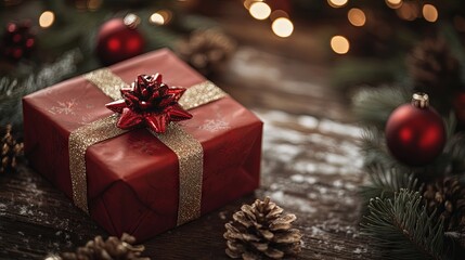 Red Christmas Gift with Gold Ribbon on Wooden Background