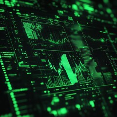 Obraz premium Digital stock market data displayed in glowing green on a dark background.