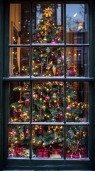 Fototapeta premium Christmas Tree Through a Snowy Window