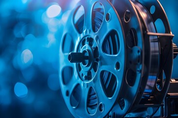 Obraz premium Vintage Film Reel with a Blue Bokeh Background