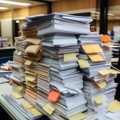 Fototapeta premium A cluttered stack of office papers with colorful sticky notes in an organized workplace.