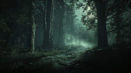 Obraz premium A dark and eerie forest scene set in Blackwood Forest, with tall, shadowy trees and a thick, ghostly fog creeping through the forest floor. The atmosphere is ominous, with shafts of pale light barely 