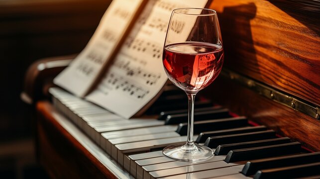 Elegant glass of rose wine resting on a grand piano with sheet music, creating a refined atmosphere