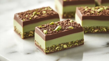 Delicious layered chocolate bars with pistachio topping and a crunchy base arranged on a marble surface