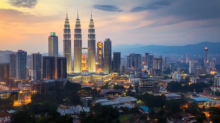 Obraz premium Petronas Towers in Kuala Lumpur at twilight, along with other city buildings.
