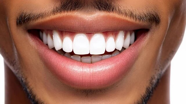 A close-up of a man's smile, revealing a row of perfectly white teeth