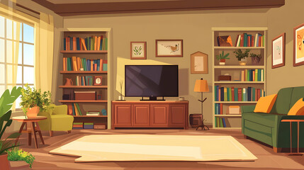 Modern Living Room: Cozy living room interior featuring a TV, bookshelves, and comfortable furniture.   