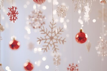 A collection of Christmas ornaments hang from the ceiling, adding festive touch to any room