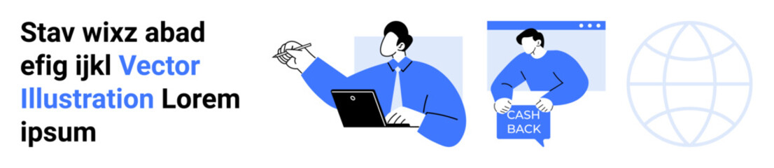 Professional presenting with laptop, person holding cashback sign, and globe icon. Ideal for business strategies, financial services, global marketing, online presentations, virtual meetings, web