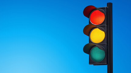 Traffic Light with Red Yellow and Green Lights Against Blue Sky