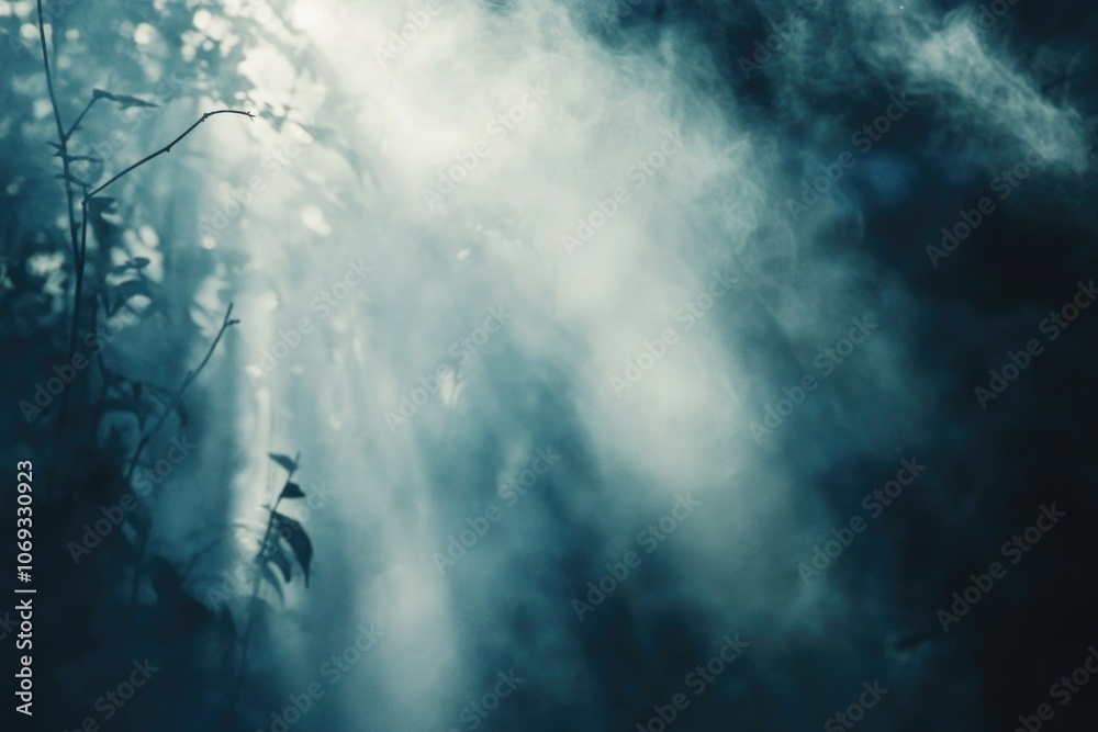 Poster A serene scene of sunlight shining through tree branches in a dark forest
