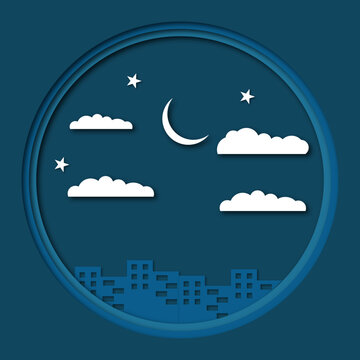 Paper cut night. Paper cut landscape. City scene in the night. Spring sky clouds. Wild nature panorama. Countryside scenery. Vector layer origami background
