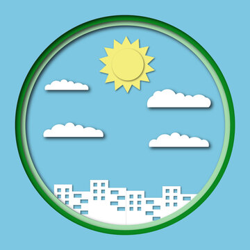 Paper cut landscape. City scene in the day. Spring sky clouds. Wild nature panorama. Countryside scenery. Vector layer origami background