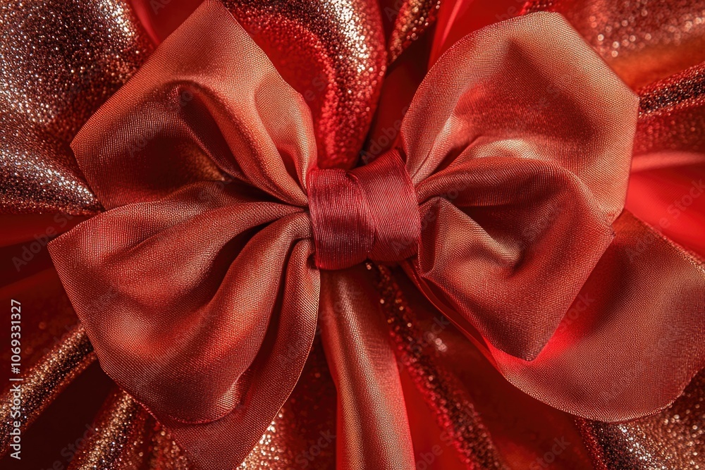 Poster A close-up view of a bright red bow tied on a red fabric, perfect for highlighting details or adding a pop of color to designs