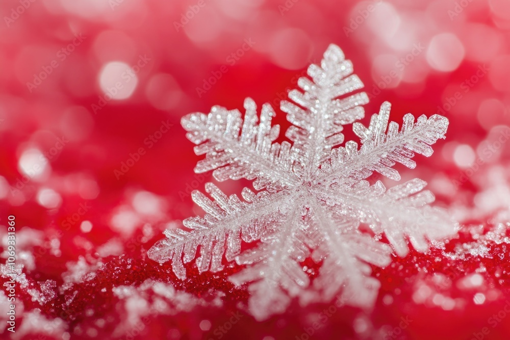 Poster A close-up view of a single snowflake on a bright red background